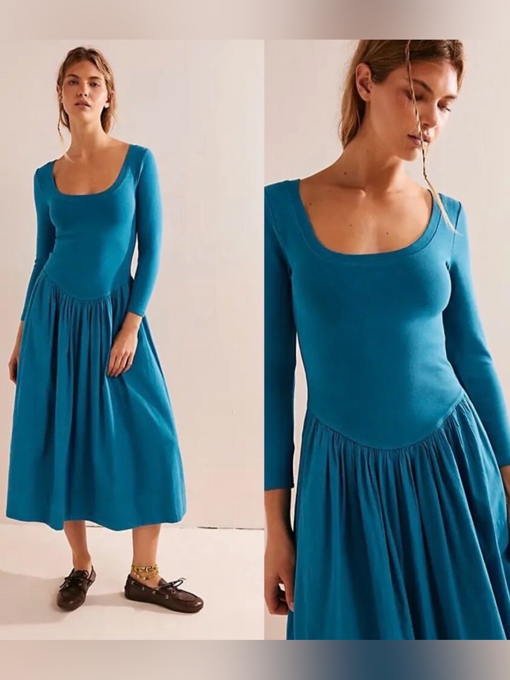 Free People Seaport Blue Aelia Drop Waist Midi Dress Small